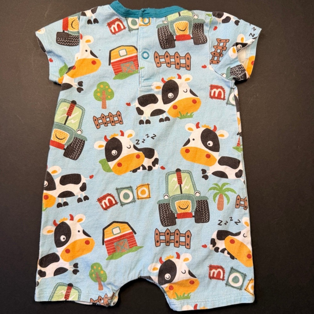 Peppy Mini Baby‎ Boy Farm Cow Tractor Print Cotton Romper Blue 3M SS2022